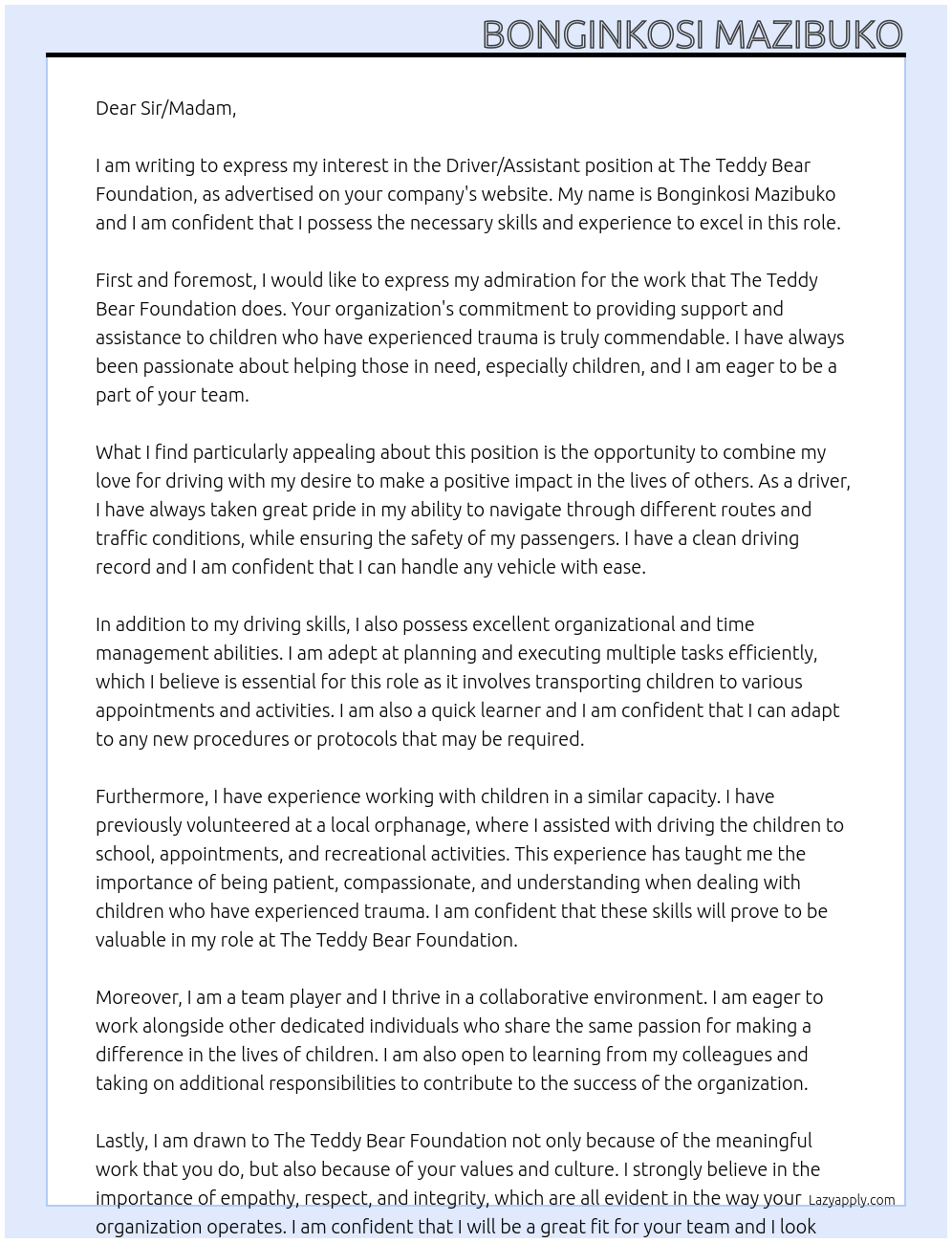 Driver/ Assistant At The Teddy Bear Foundation Cover Letter