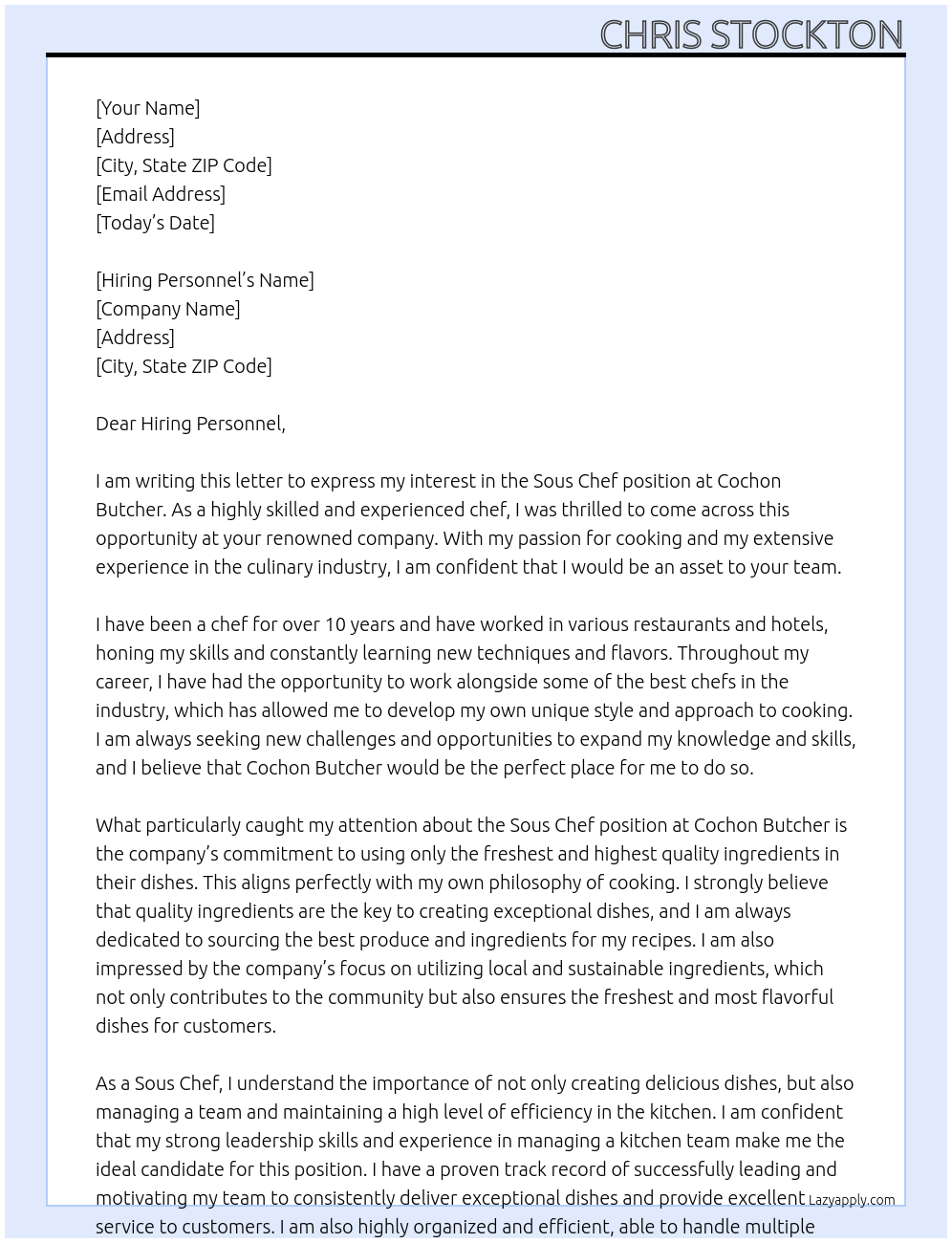 Sous Chef  At Cochon Butcher  Cover Letter