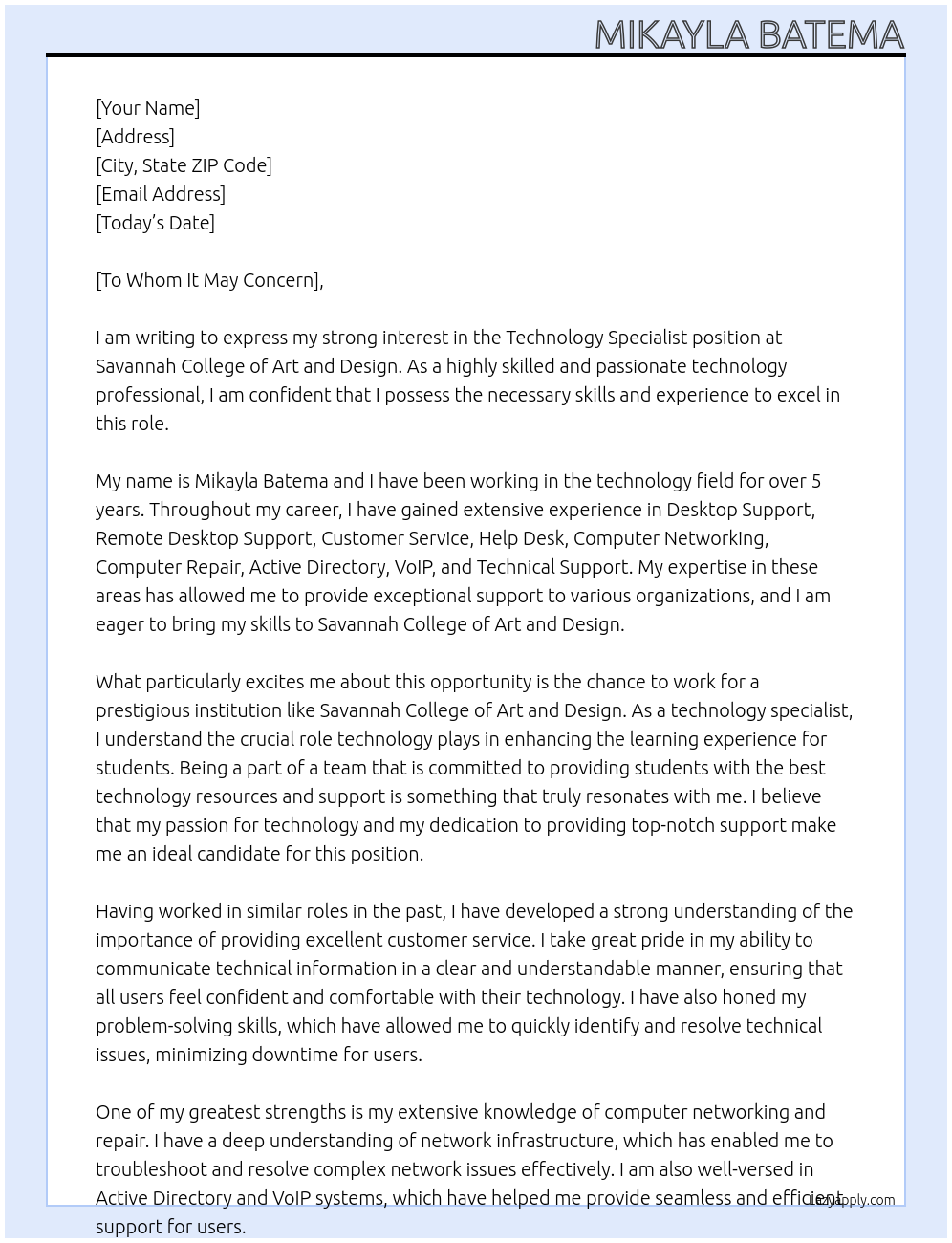 Technology Specialist At Savannah College of Art and Design Cover Letter