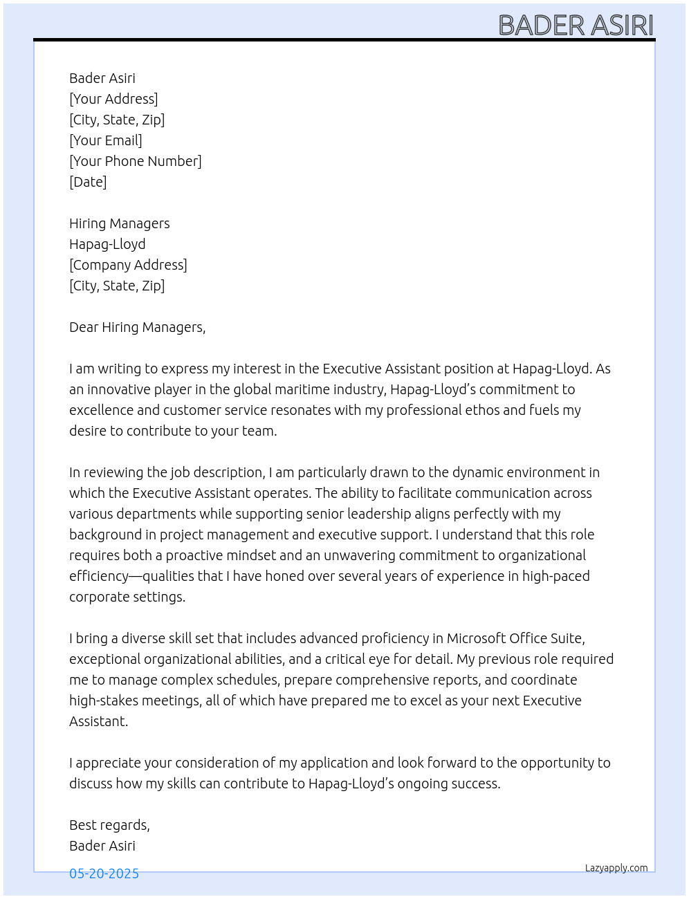 Executive Assistant At Hapag-Lloyd Cover Letter