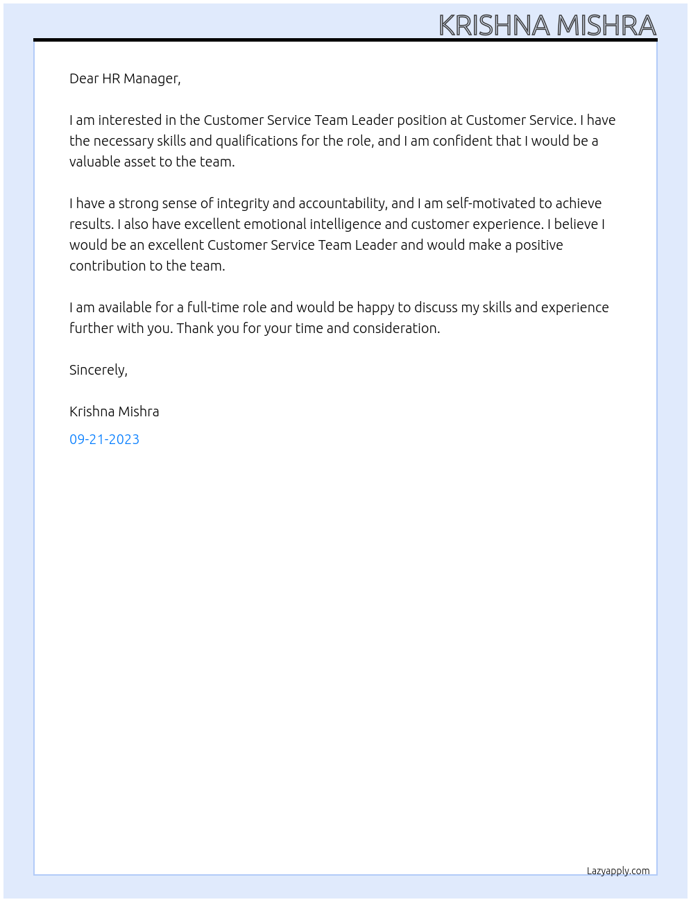 Customer Service Team Leader At Customer Service Cover Letter