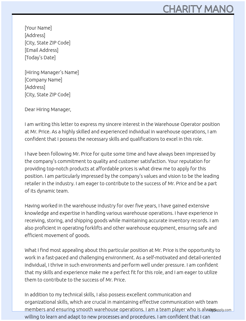 warehouse operator At Mr. Price Cover Letter