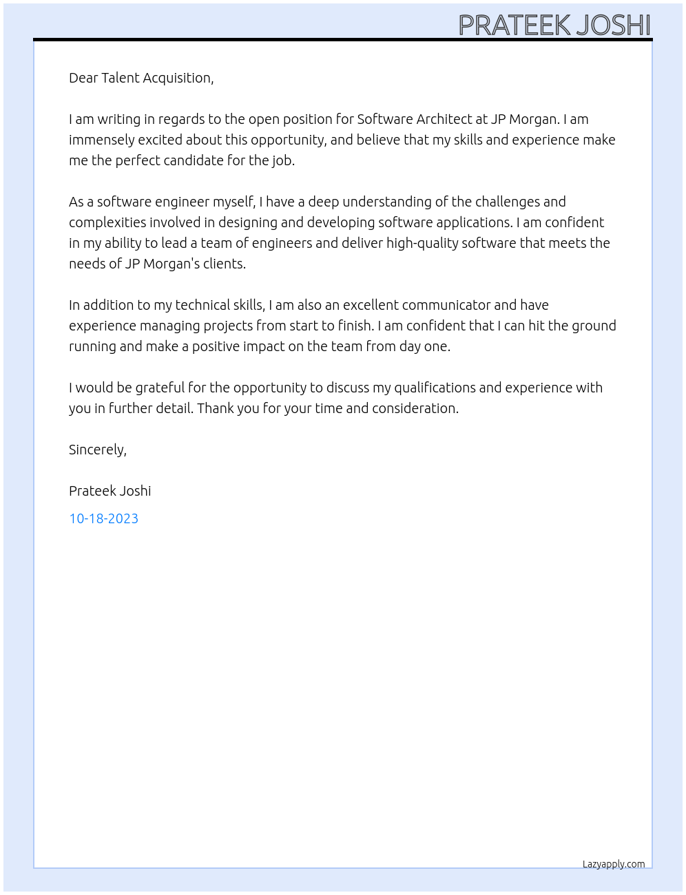 Software Architect At JP Morgan Cover Letter