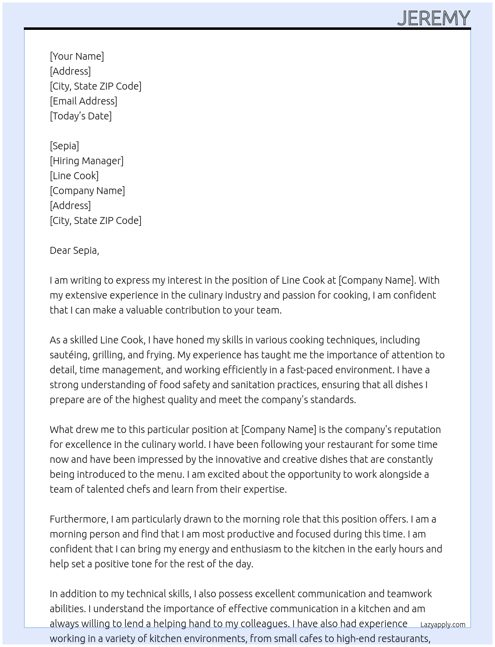 Line cook  At Line cook  Cover Letter