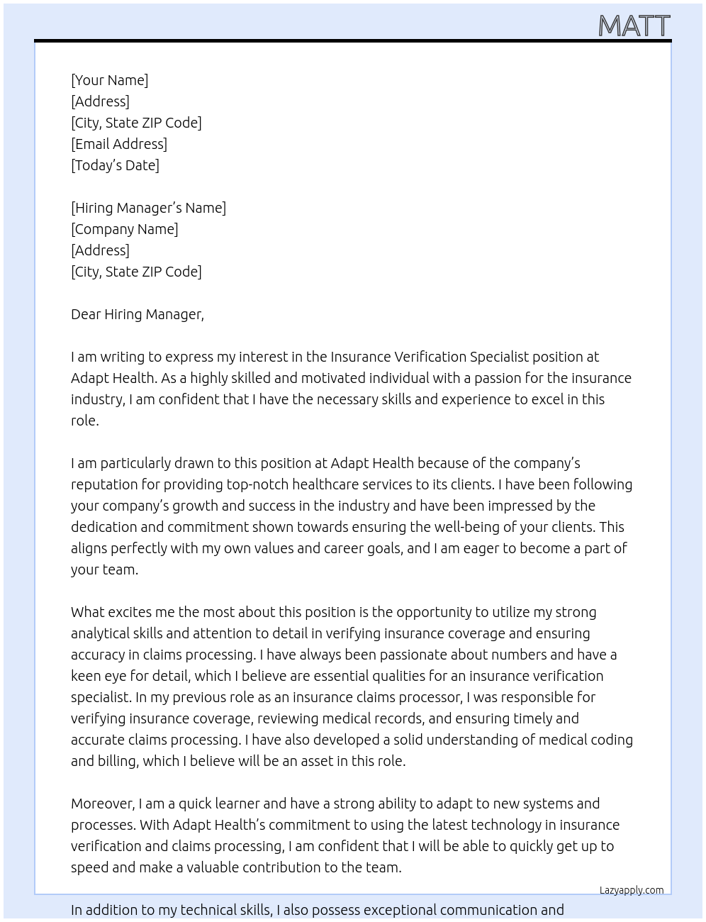 Insurance Verification Specialist At Adapt Health Cover Letter