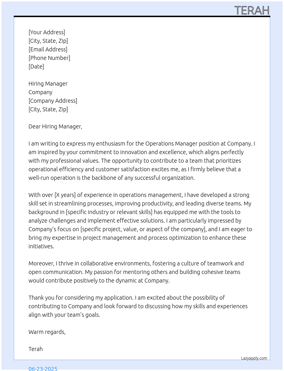 Operations Manager At Company Cover Letter