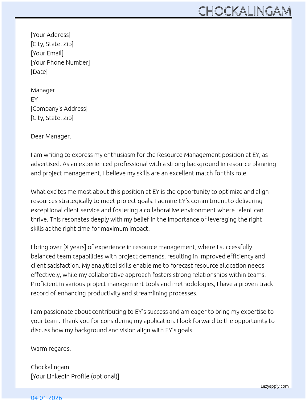 Resource Management At EY Cover Letter