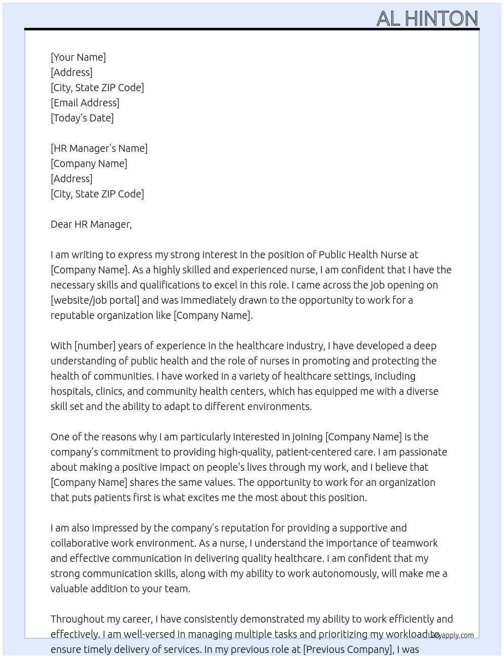 Public Health Nurse  At Health Board Cover Letter