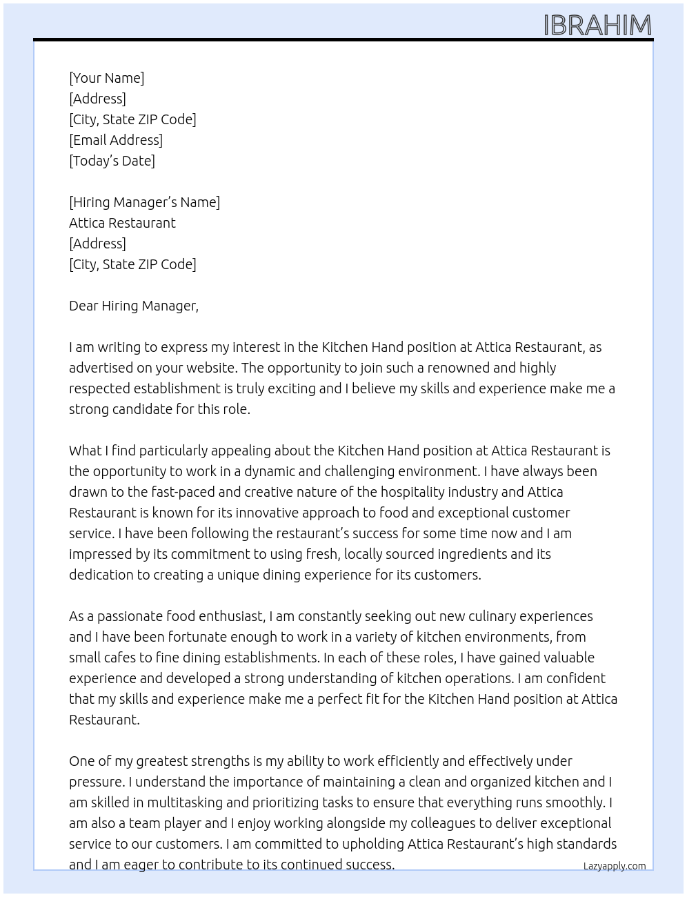 Kitchen Hand At Attica Restaurant Cover Letter