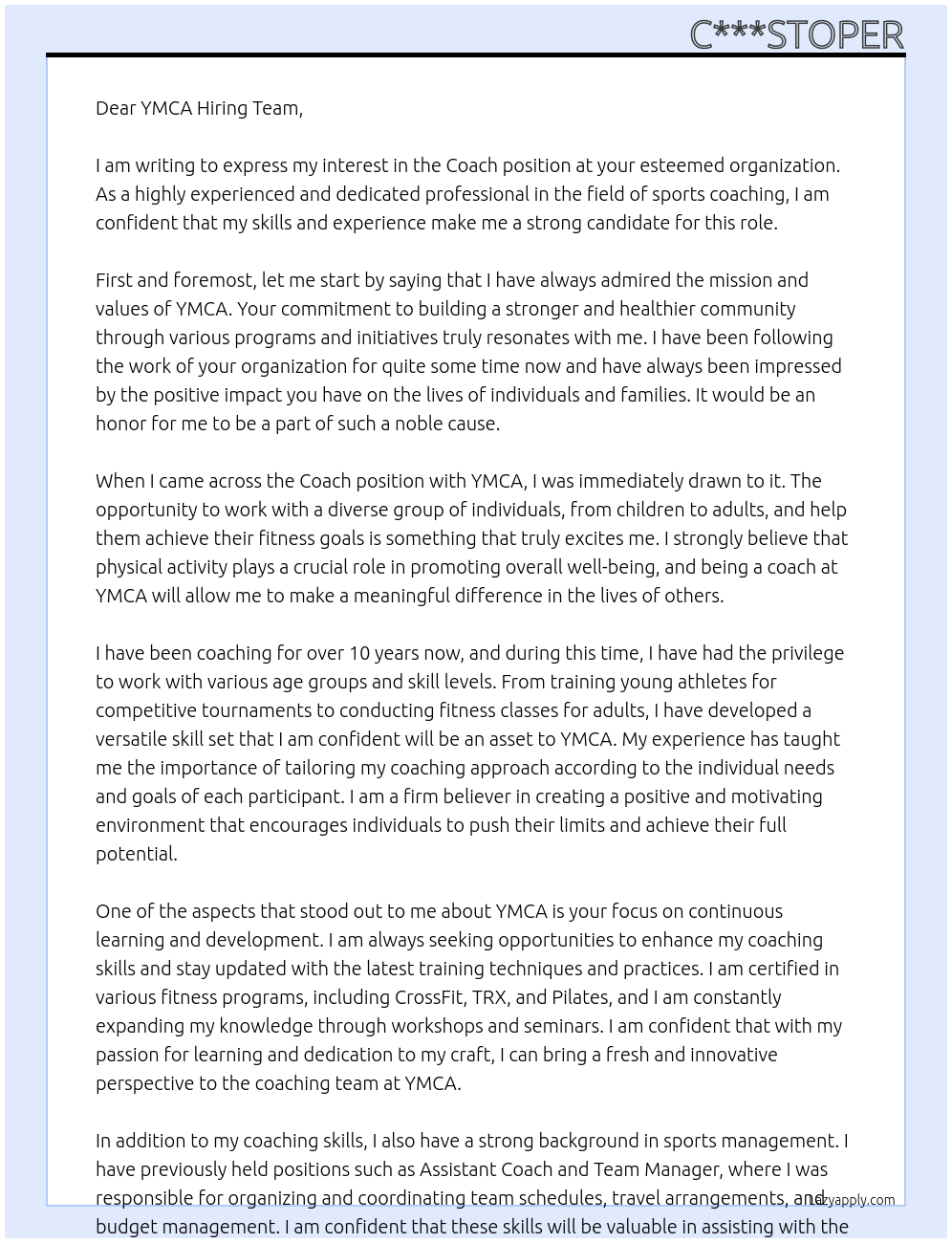 Coach At YMCA Cover Letter