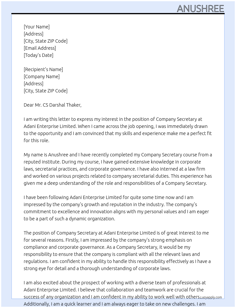 Company secretary At adani enterprise limited Cover Letter