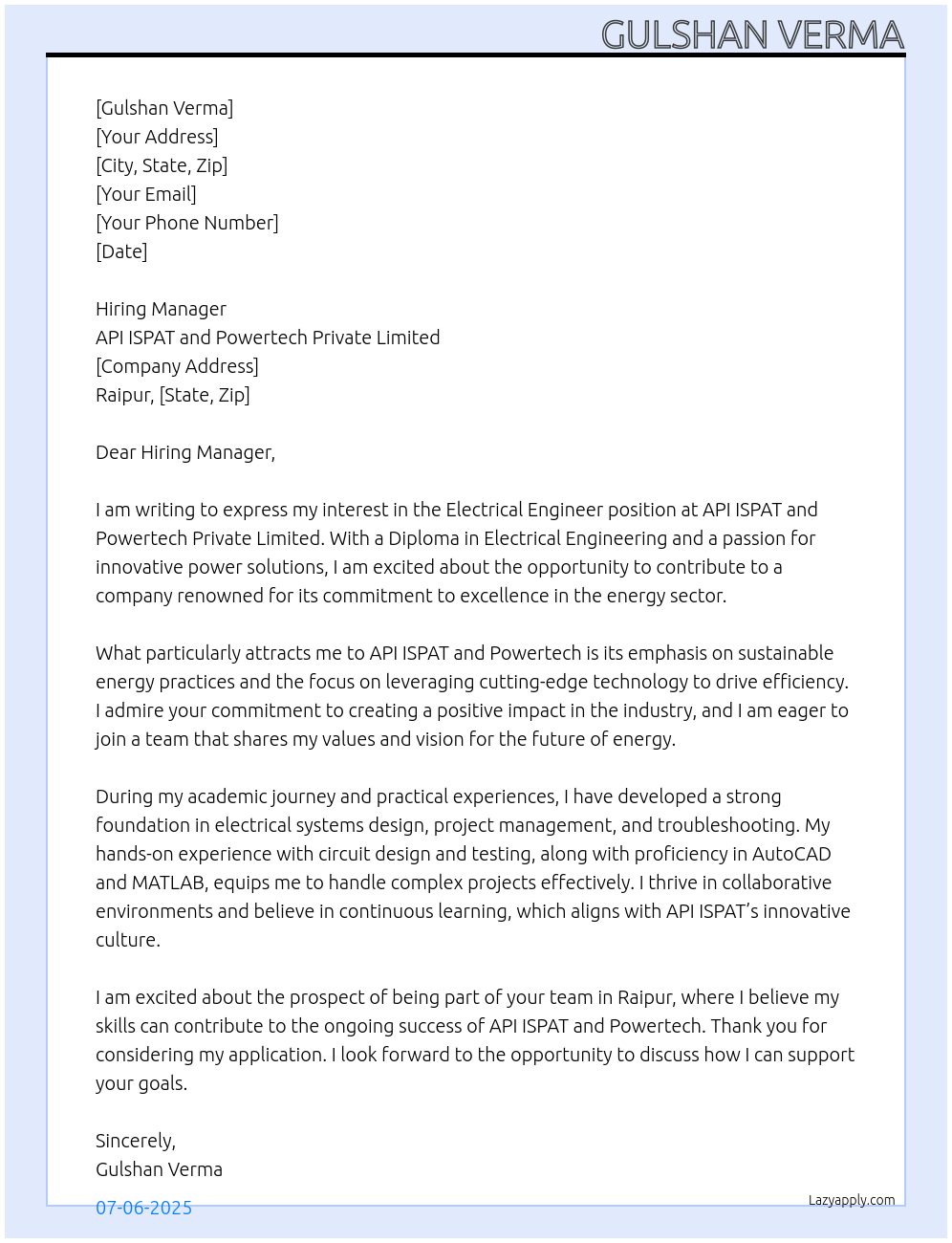 Electrical Engineer At API ISPAT and Powertech Private Limited Cover Letter