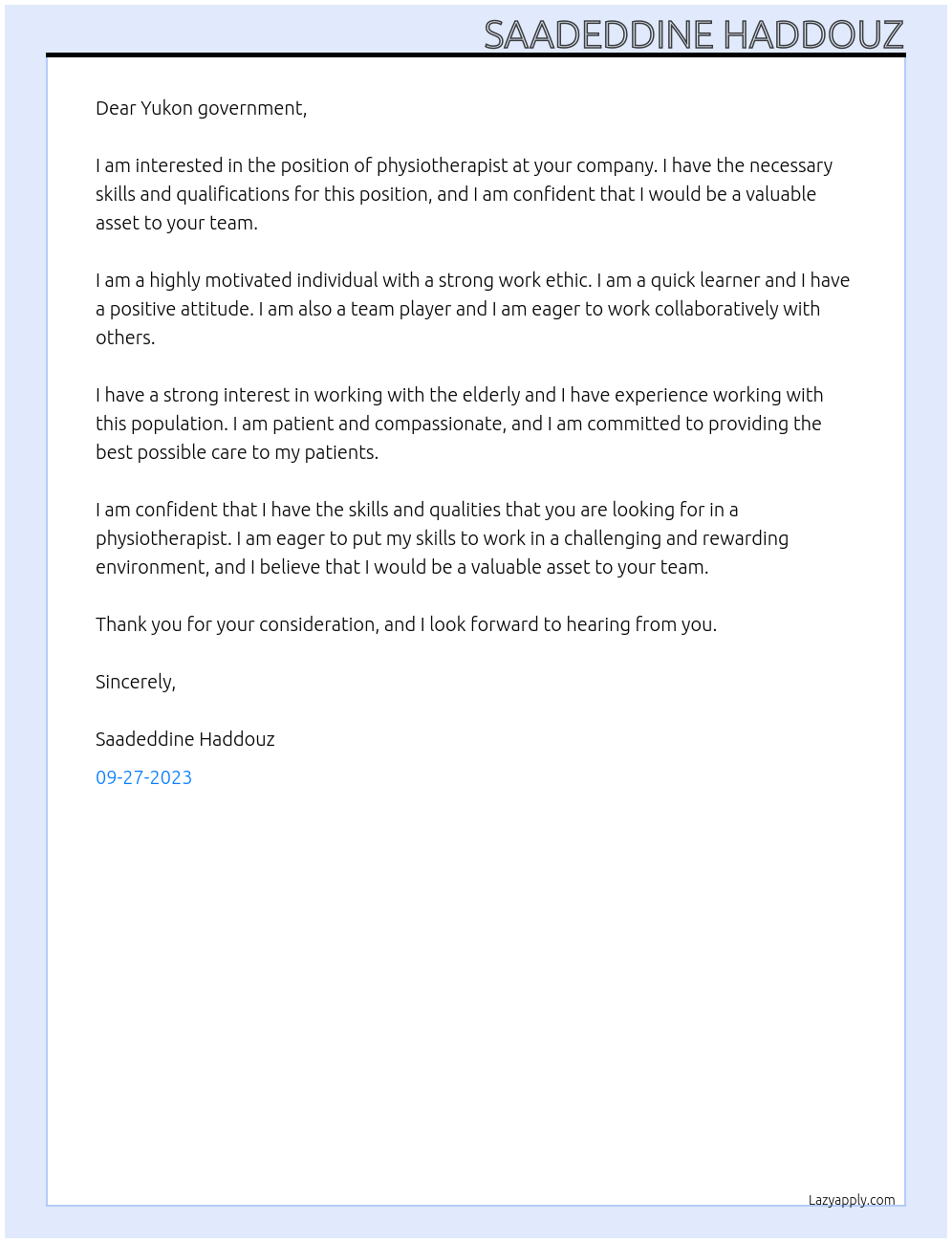 Physiotherapist At Yukon government Cover Letter