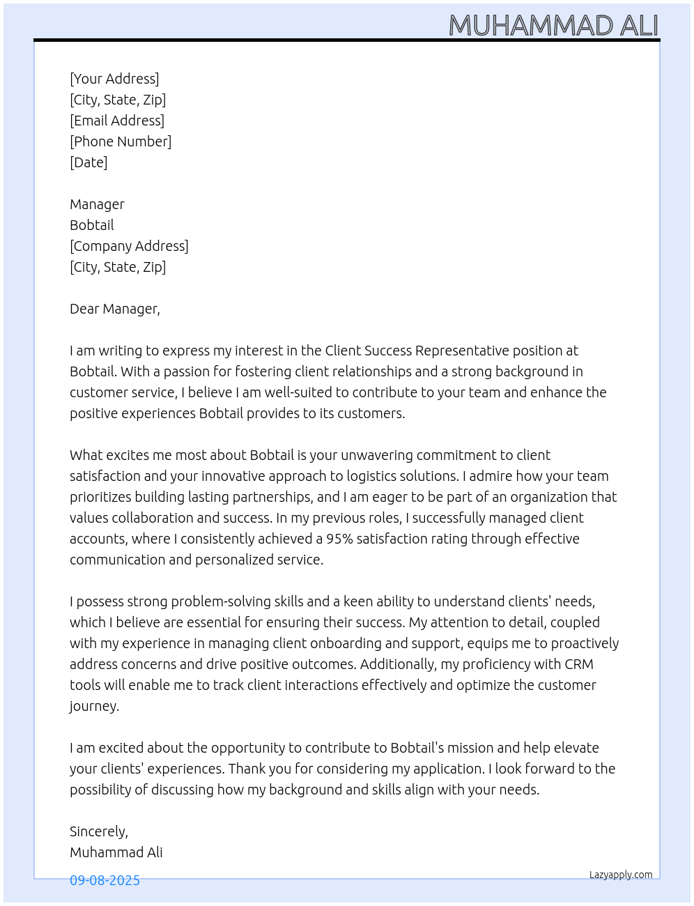 Cover letter for client success representative - LazyApply