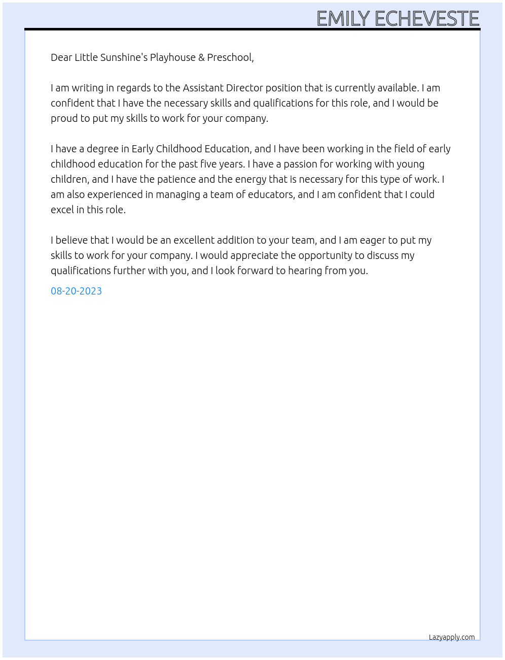 Assistant Director At Little Sunshine's Playhouse & Preschool Cover Letter