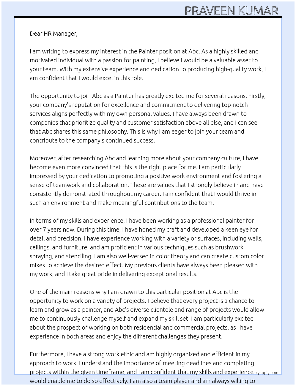 Painter At Abc Cover Letter