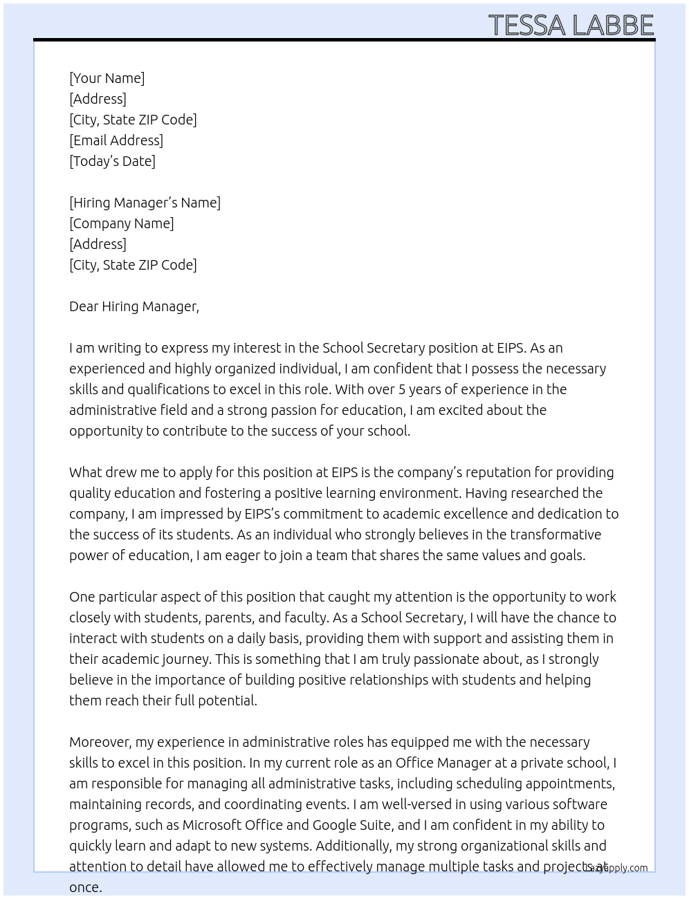 School secretary At EIPS Cover Letter