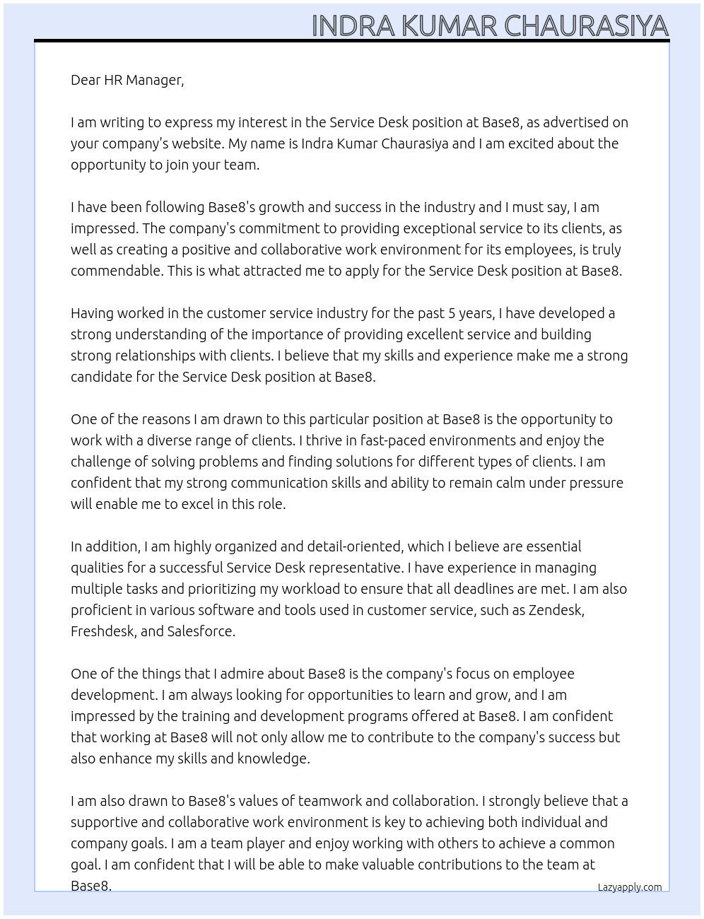 Service desk At Base8 Cover Letter