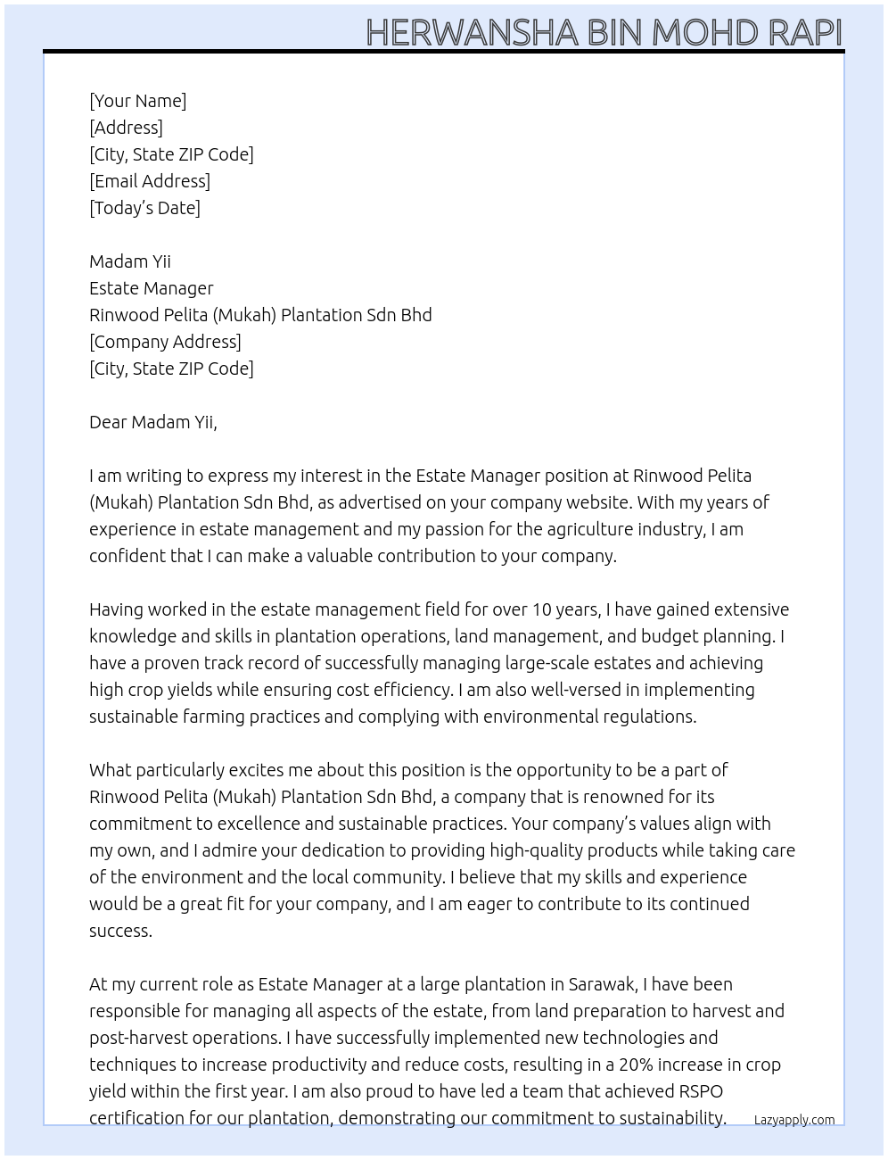 Estate Manager At Rinwood Pelita (Mukah) Plantation Sdn Bhd Cover Letter