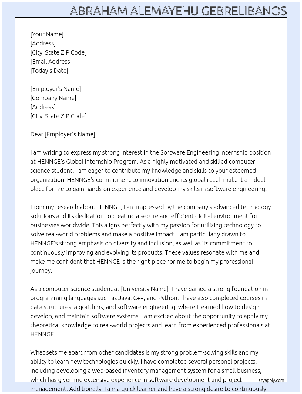 Software Engineering Internship At HENNGE's Global Internship Program Cover Letter