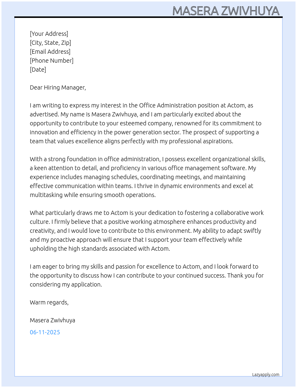 Office administration  At Actom Cover Letter