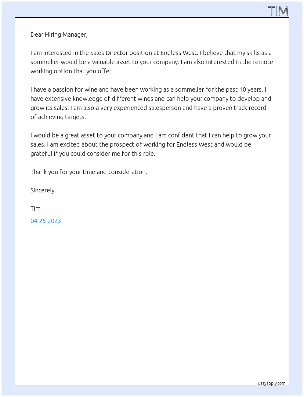 Sales Director At Endless West Cover Letter