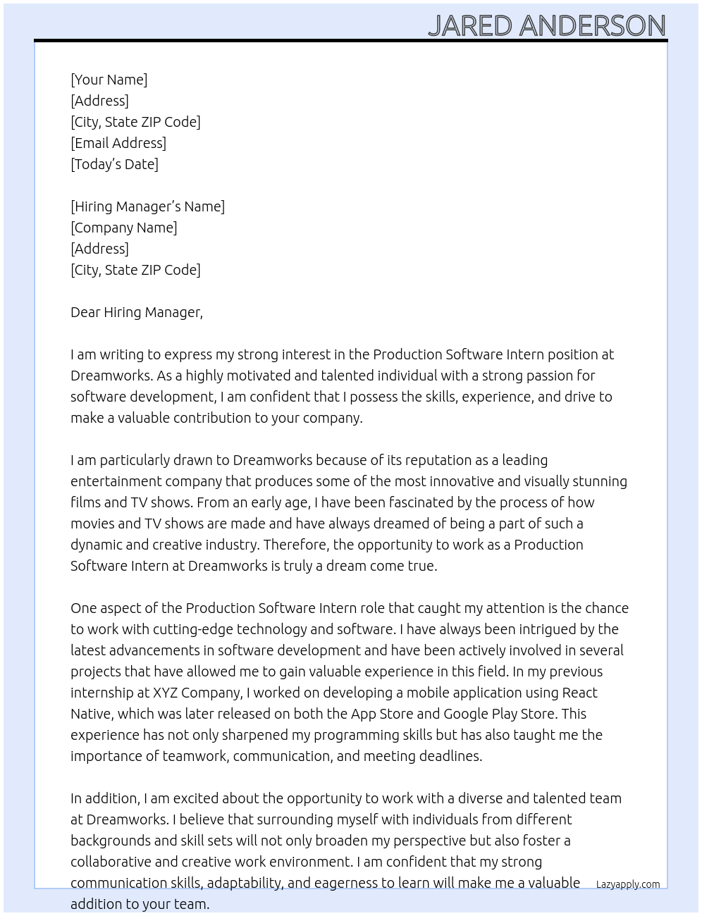 Production Software Intern At Dreamworks Cover Letter