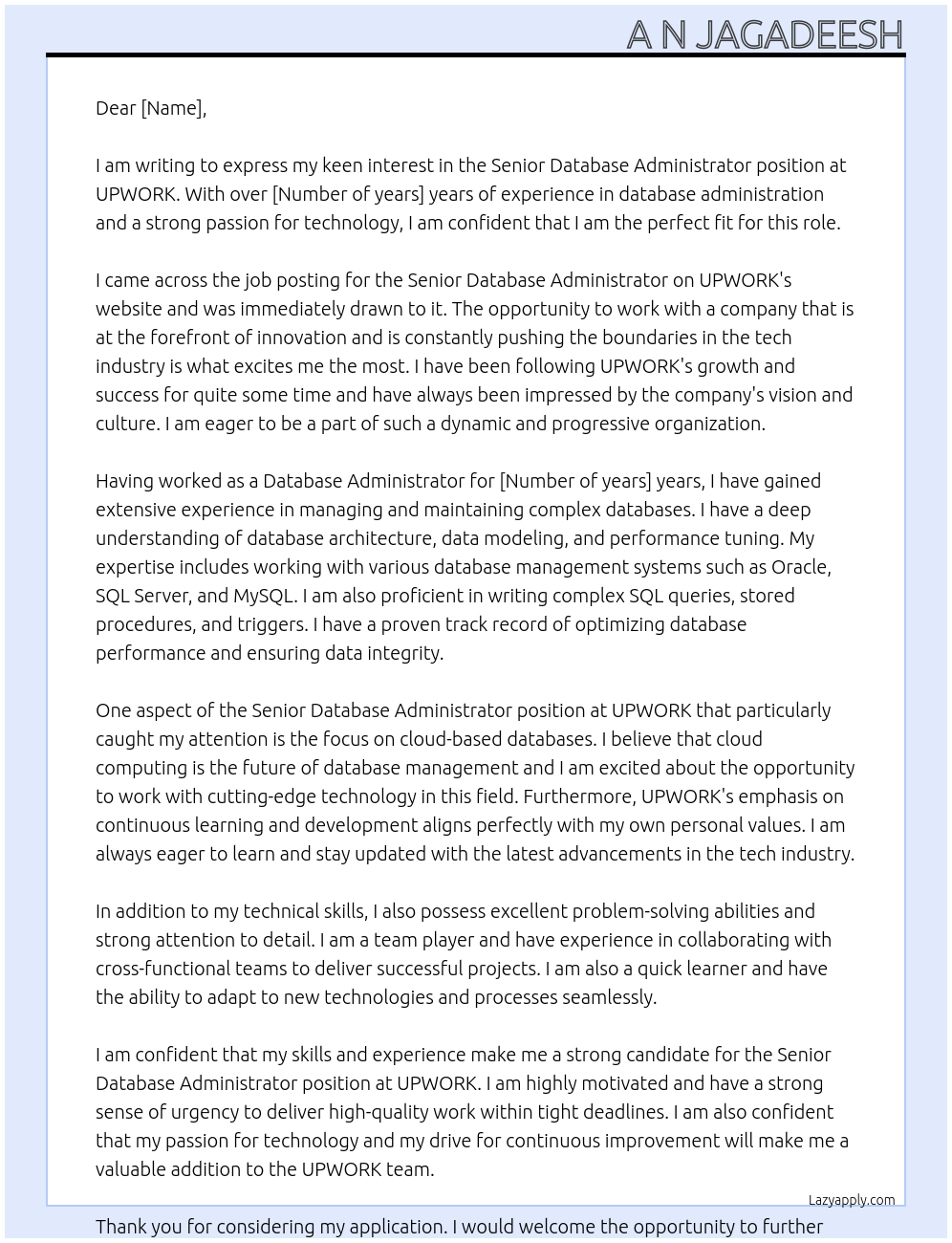Senior Database Administrator At UPWORK Cover Letter