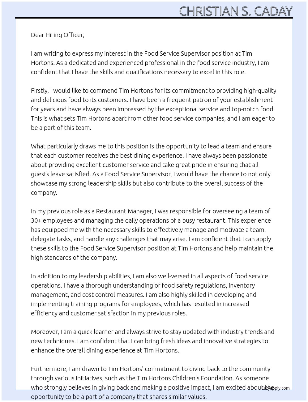 Food Service Supervisor At Tim horttons Cover Letter