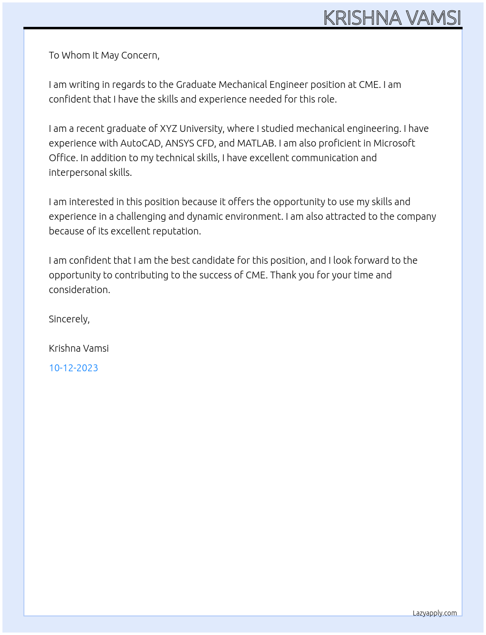 Graduate mechanical engineer At CME Cover Letter