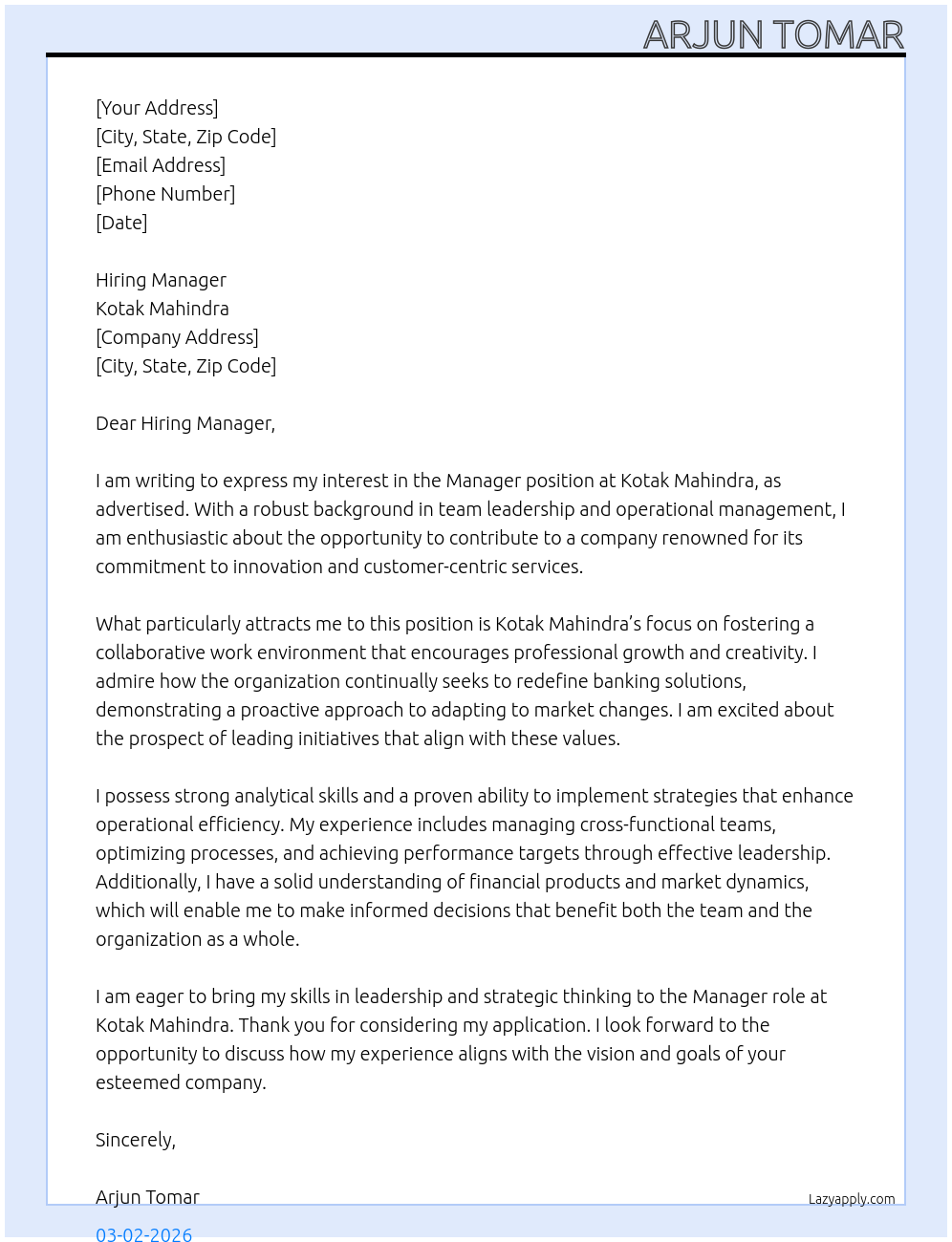 Manager At Kotak Mahindra  Cover Letter