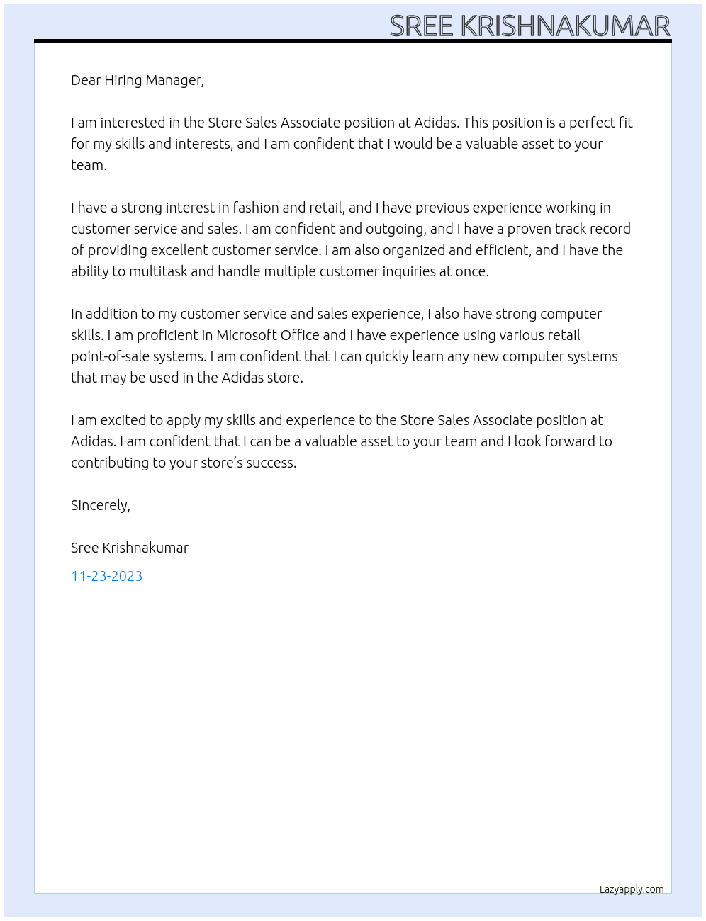 Store Sales Associate At Adidas Cover Letter