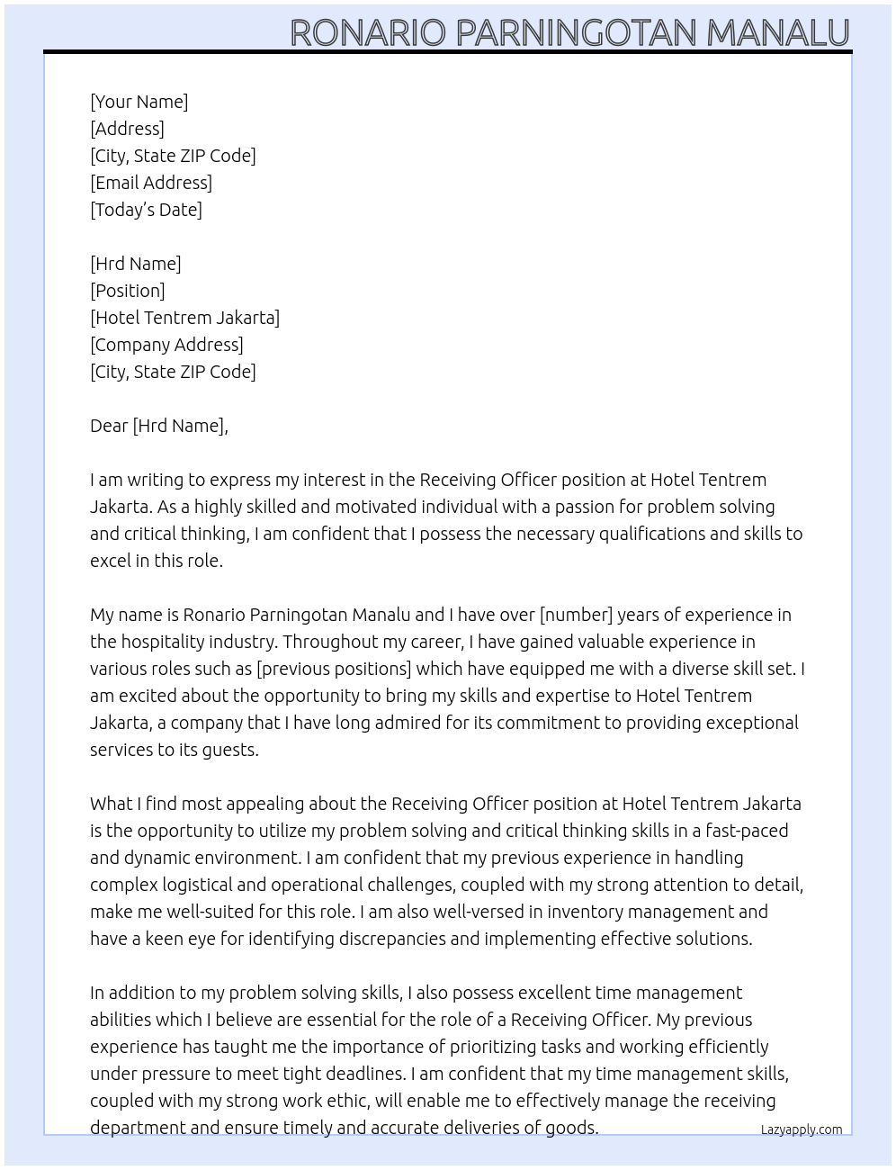 Receiving Officer At Hotel Tentrem Jakarta Cover Letter