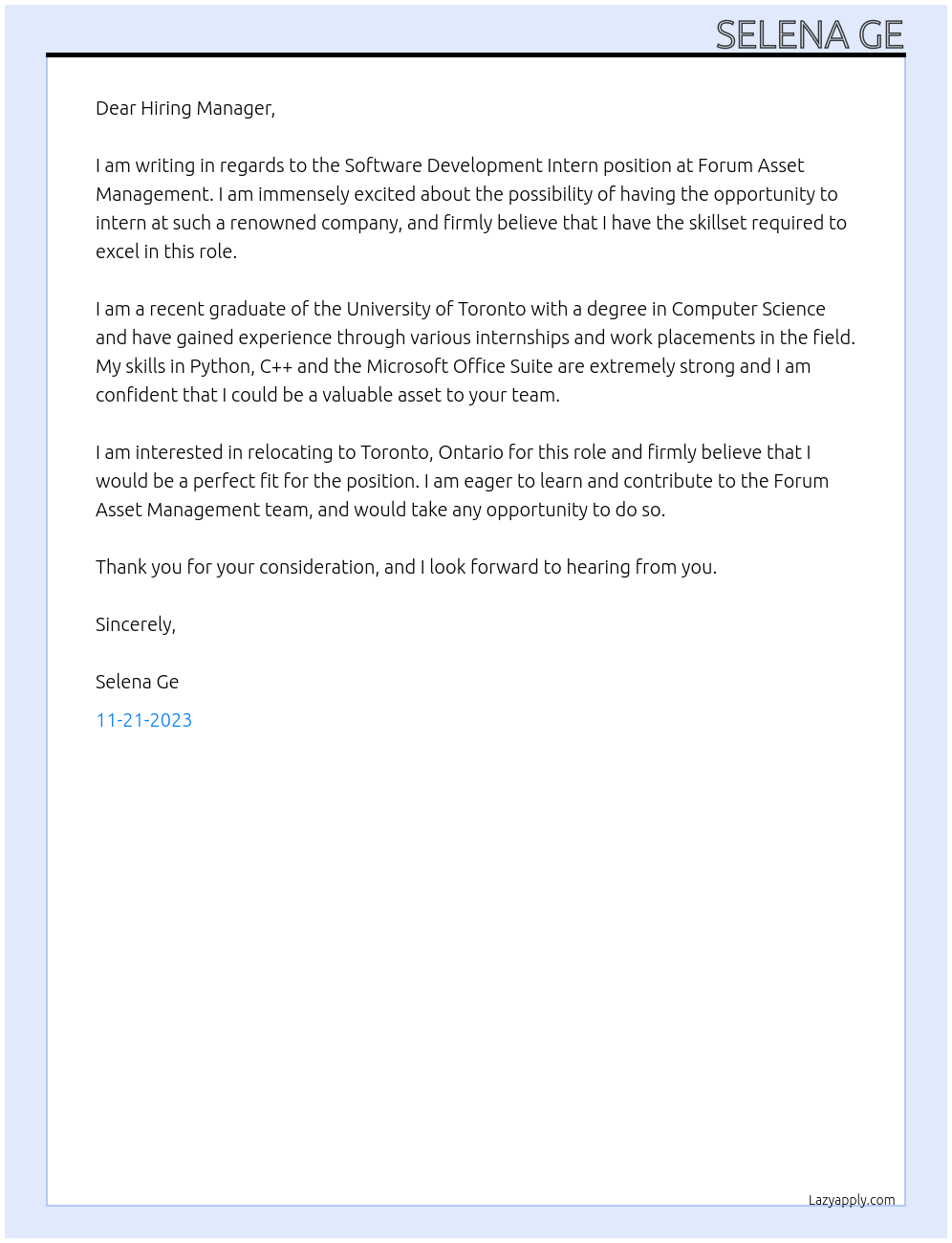 Software Development Intern At Forum Asset Management Cover Letter