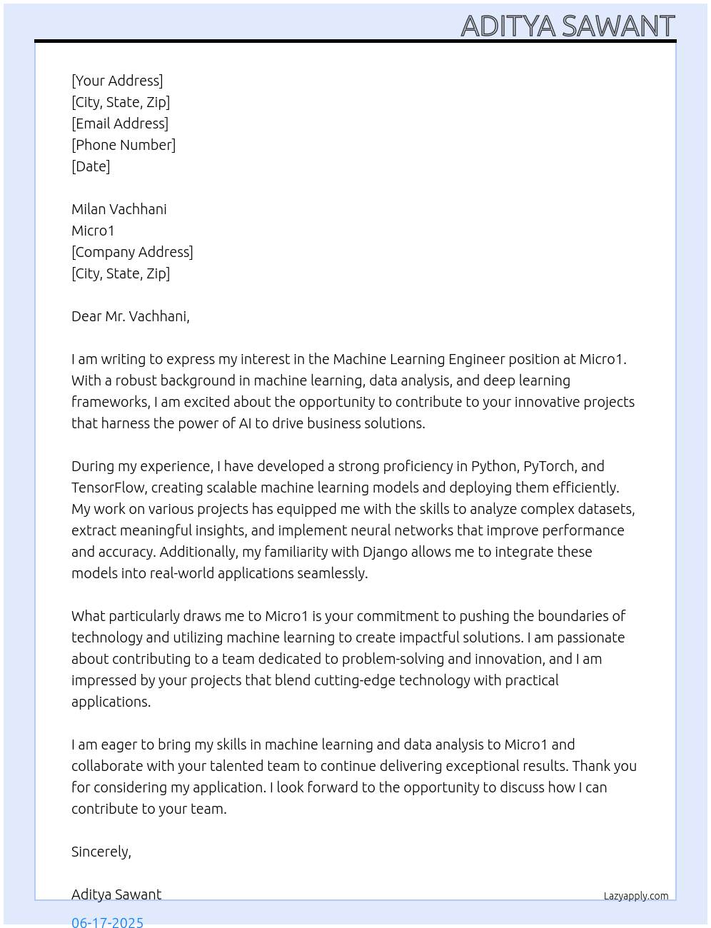 Cover letter for machine learning engineer - LazyApply