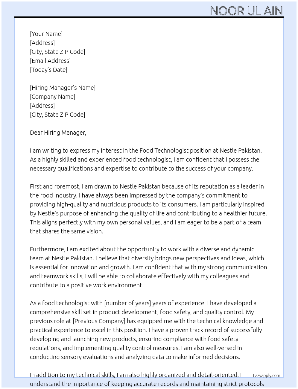 food technologist  At nestle pakistan  Cover Letter