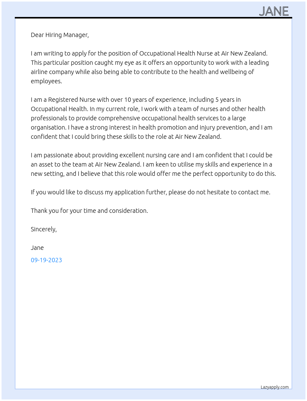 Occupational Health Nurse At Air New Zealand Cover Letter
