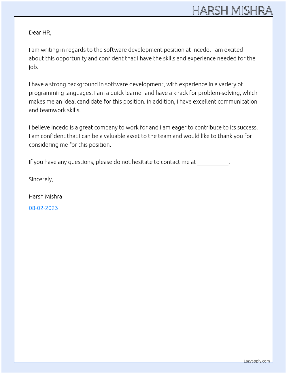 software development  At Incedo  Cover Letter