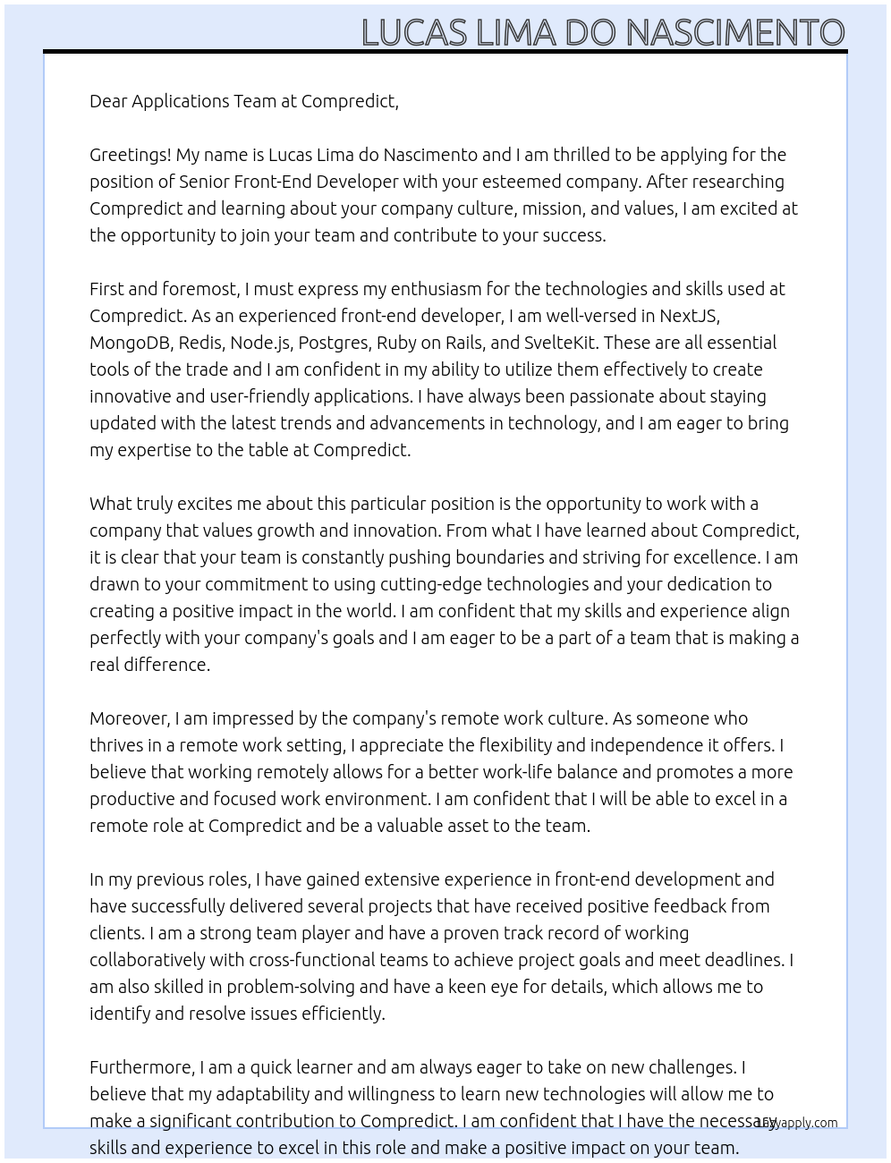 Senior Front-End Developer At Compredict Cover Letter