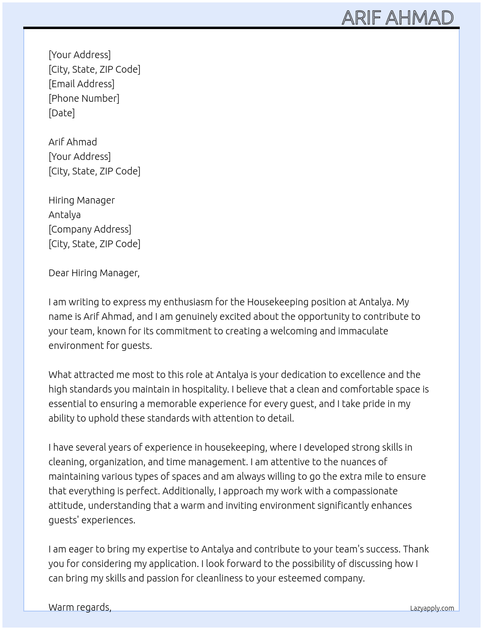 Housekeeping At Antalya Cover Letter