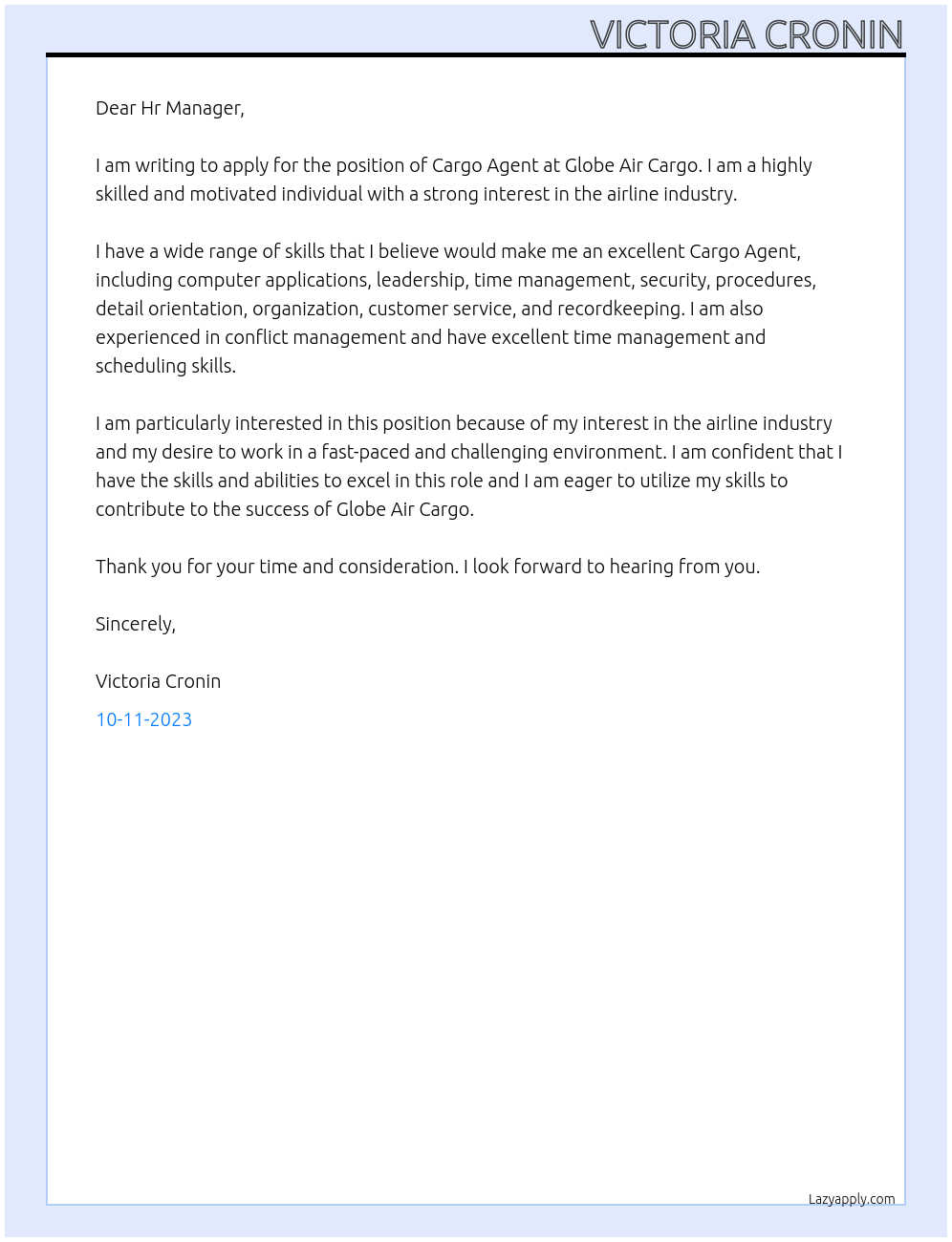 Cargo Agent At Globe Air Cargo Cover Letter
