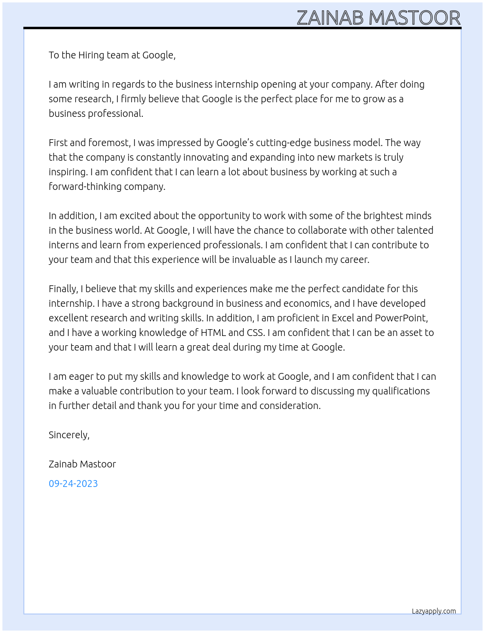 Business internship At Google Cover Letter