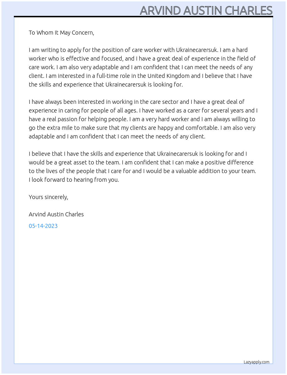 care worker At ukrainecarersuk Cover Letter