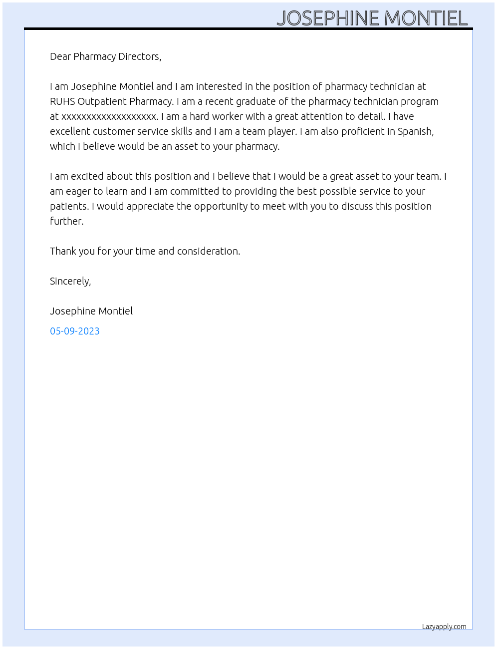 Pharmacy technician  At RUHS Outpatient Pharmacy  Cover Letter