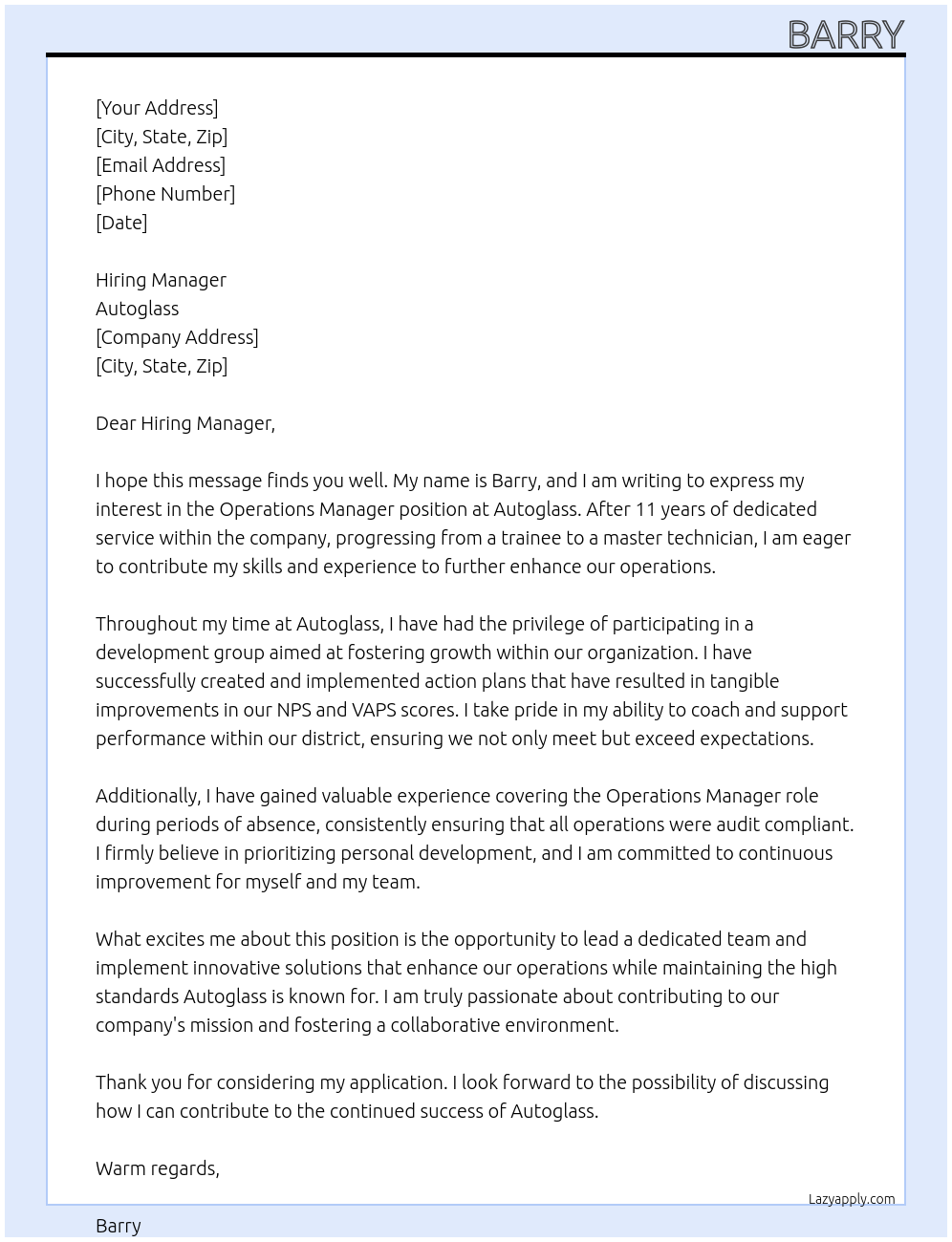 Operations manager At Autoglass Cover Letter