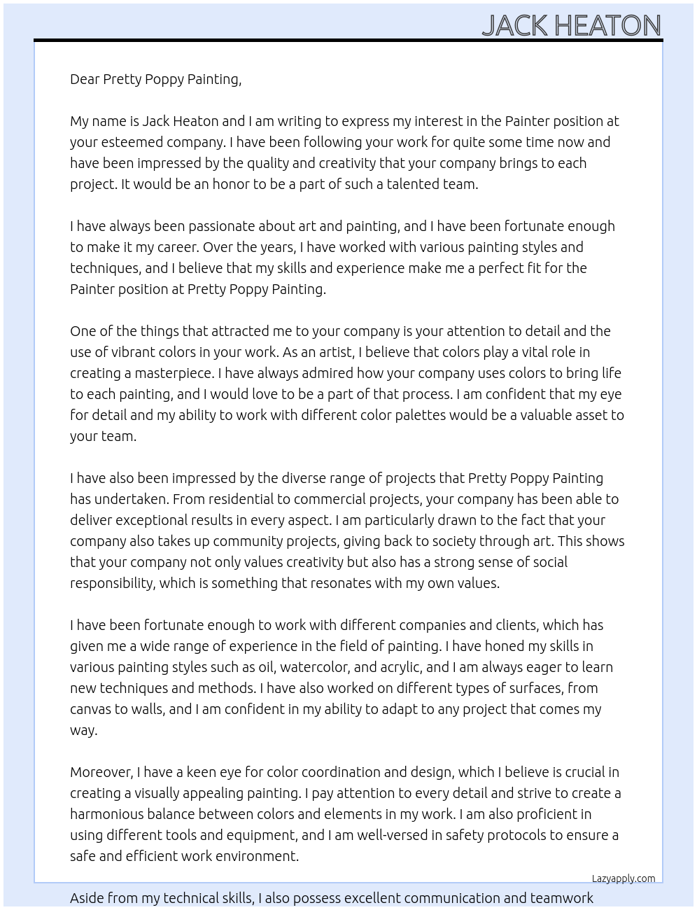 Painter At Pretty Poppy Painting Cover Letter