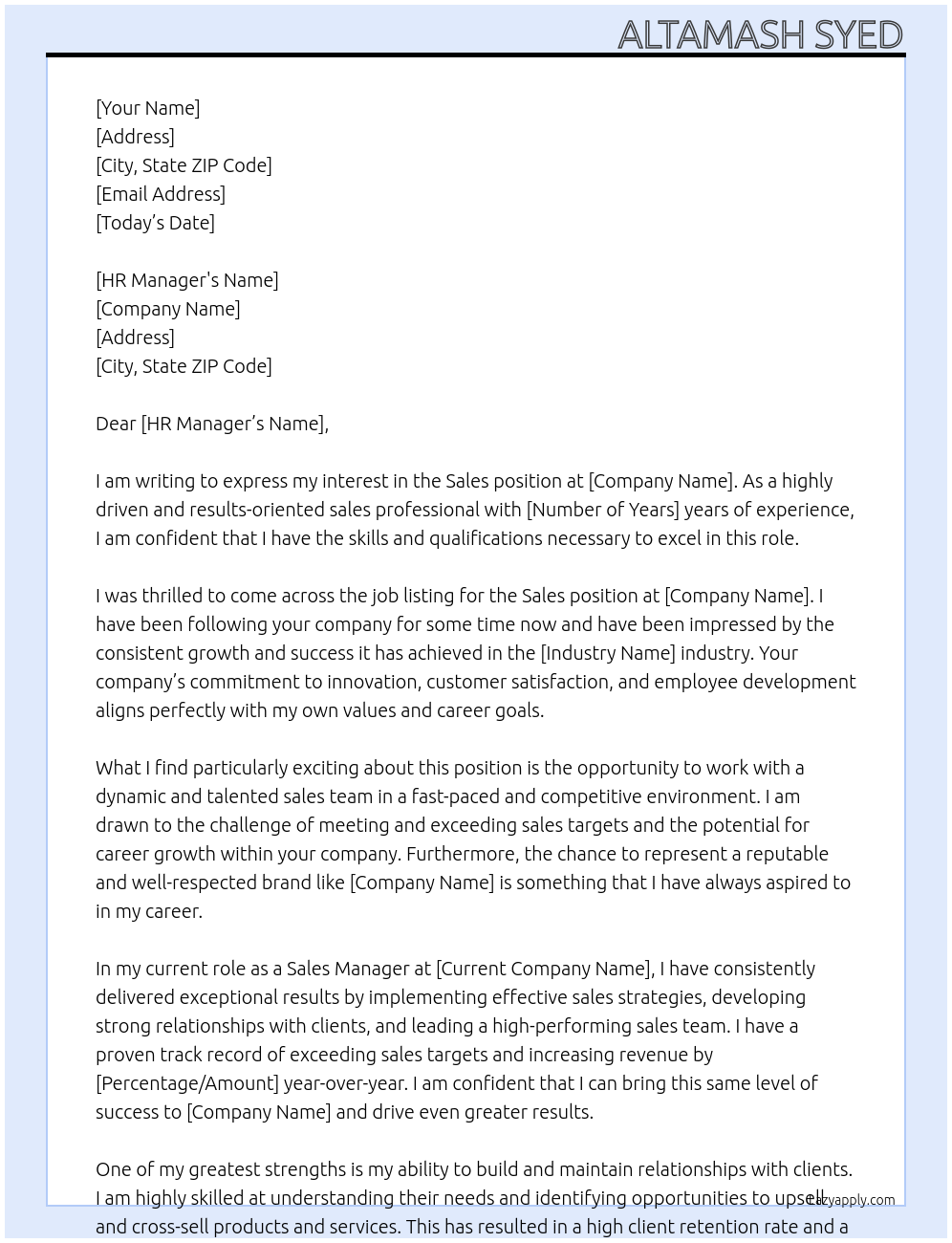 Sales At Dear Cover Letter