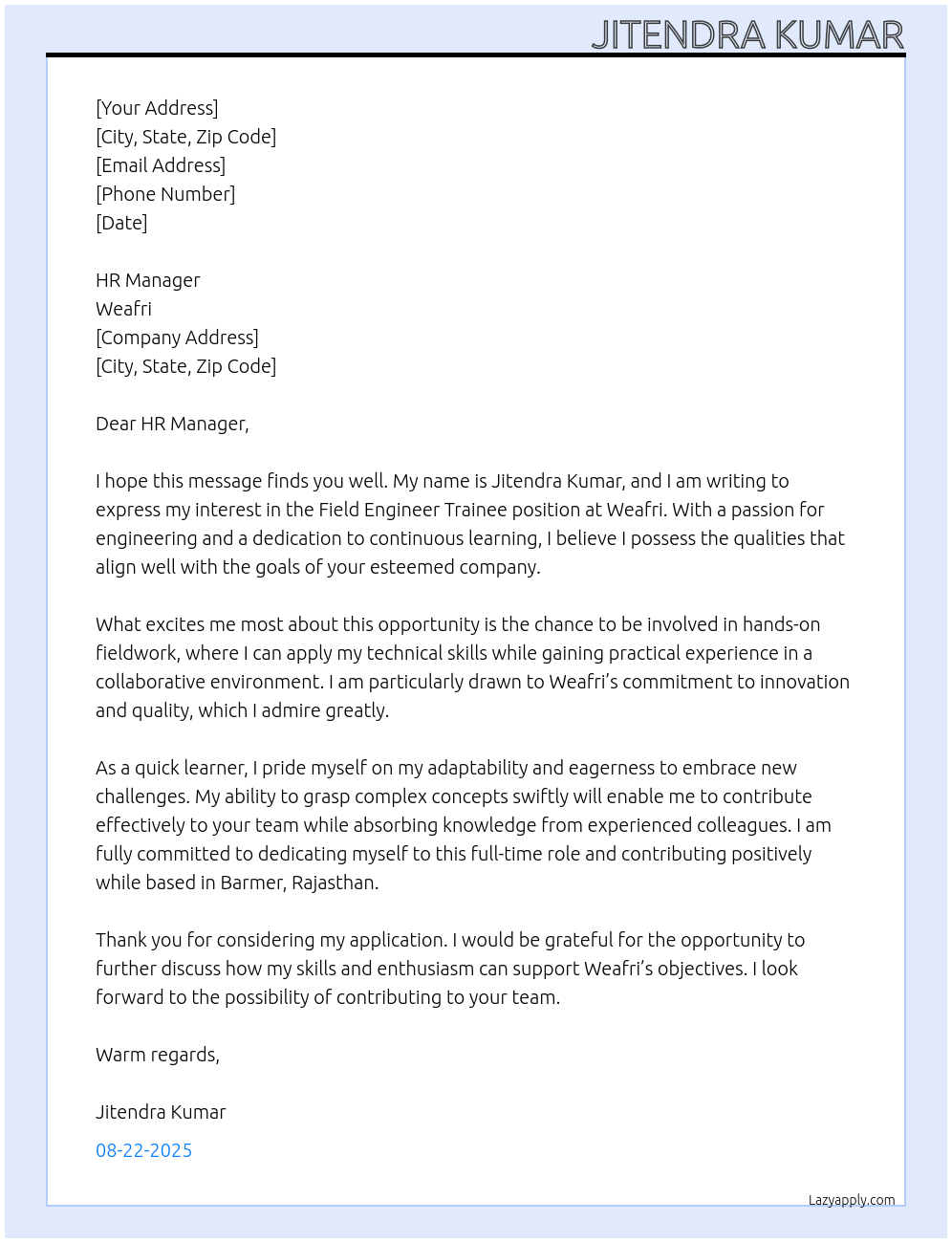 Cover letter for field engineer trainee - LazyApply