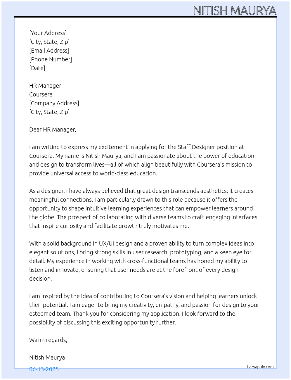 Staff designer At Coursera Cover Letter