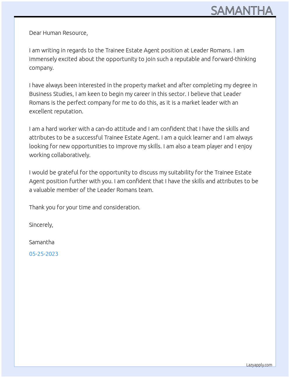 Trainee Estate Agent At leader Romans Cover Letter